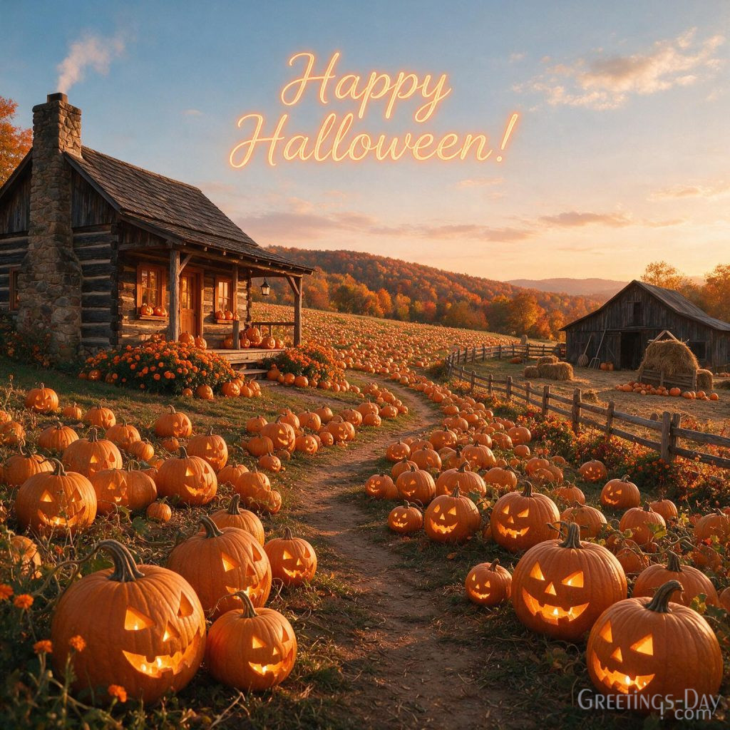 Happy Halloween image featuring glowing pumpkin patch, autumn sunset, scarecrow, and rustic countryside decorations