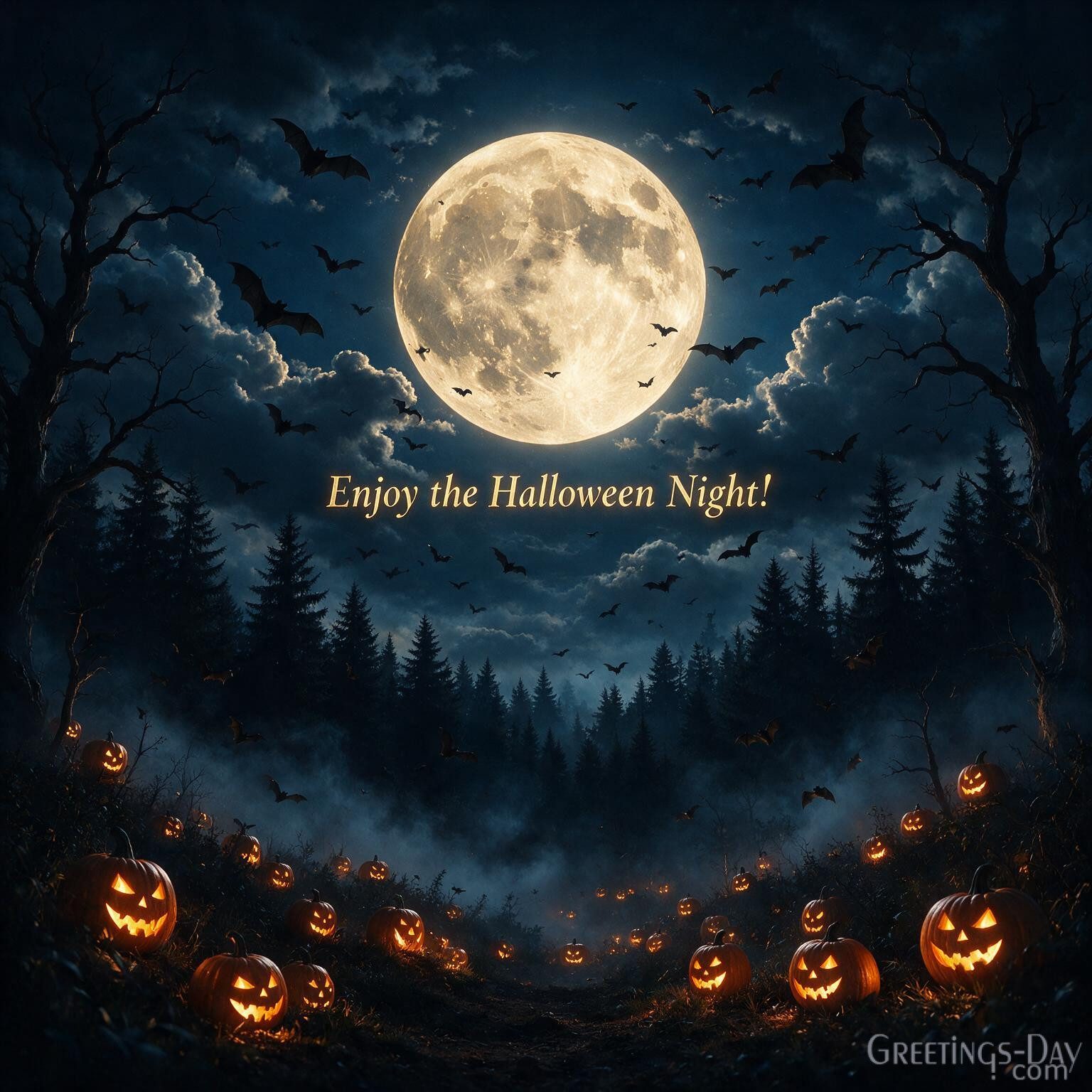 Enjoy the Halloween Night! | Spooky Moon & Bats Greeting