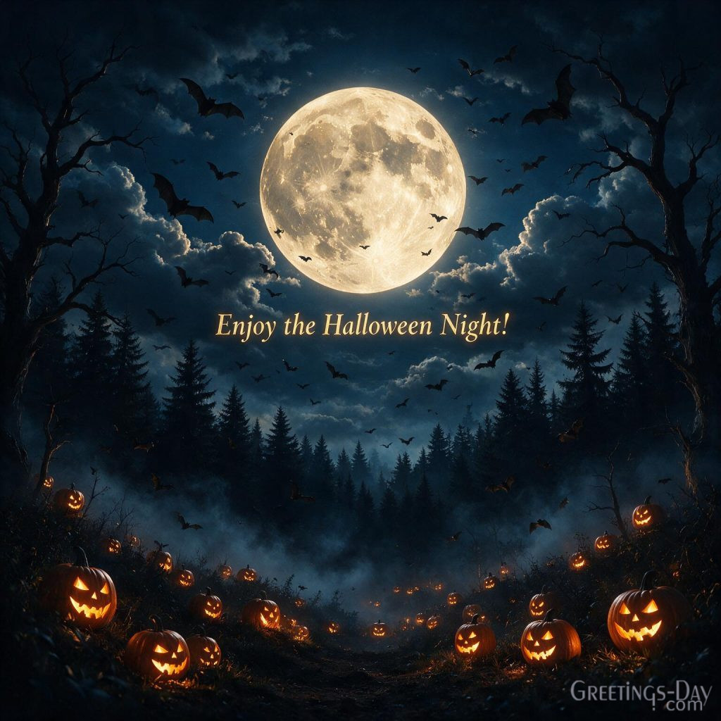Happy Halloween image featuring moonlit sky, flying bats, pumpkins, and magical Halloween night background