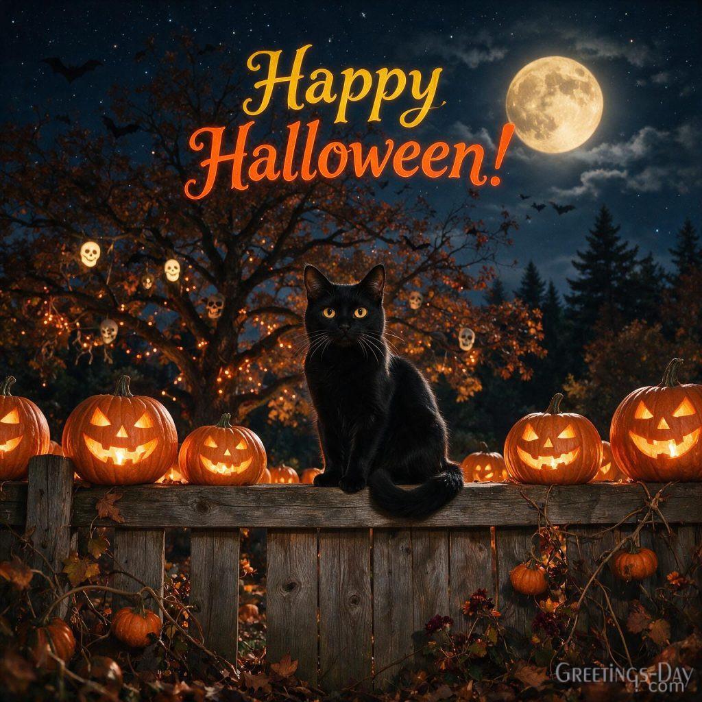 Happy Halloween image with black cat sitting beside glowing pumpkins and colorful autumn leaves at night