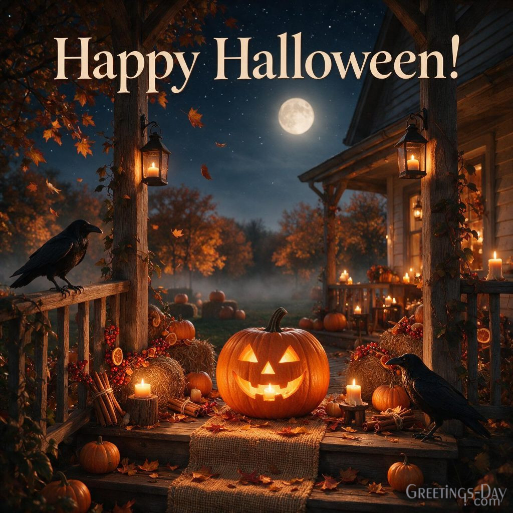 Happy Halloween image with glowing jack-o'-lantern, autumn leaves, candles, and cozy fall porch decoration in premium 4K quality