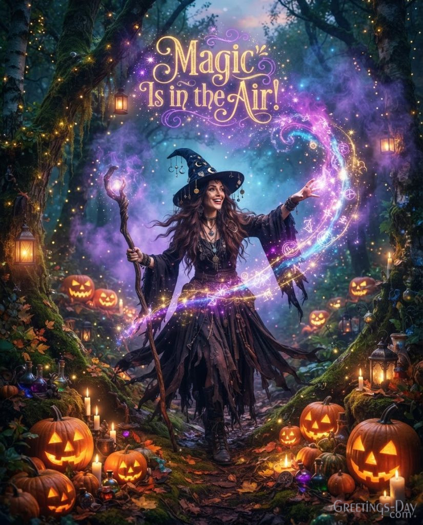 Happy Halloween picture with beautiful witch, mystical lights, autumn forest, and glowing jack-o'-lanterns