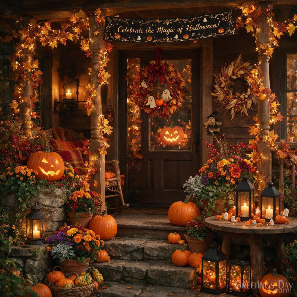 Premium Halloween image with elegant fall decor, white pumpkins, autumn leaves, candles, and sophisticated Halloween atmosphere