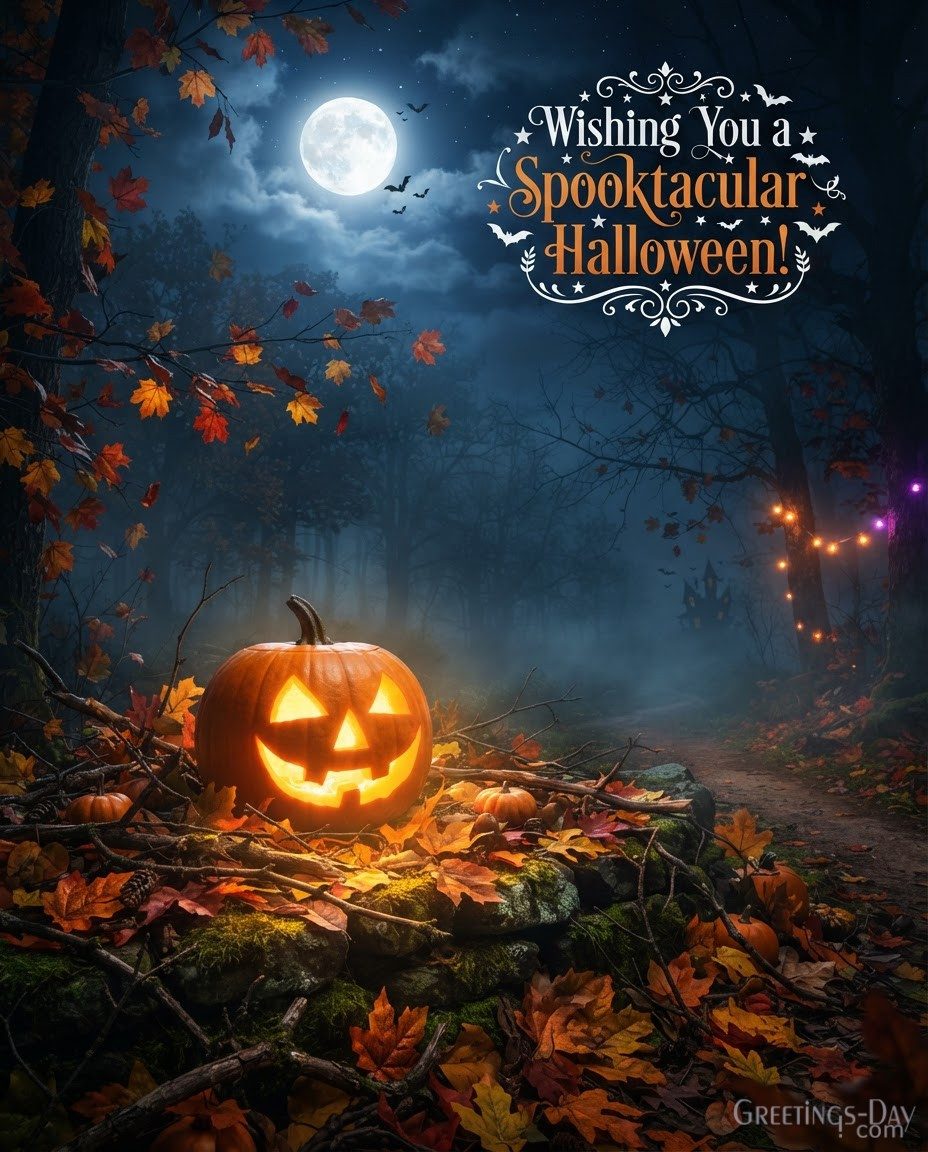 Wishing You a Spooktacular Halloween! | Pumpkin & Autumn Leaves Image