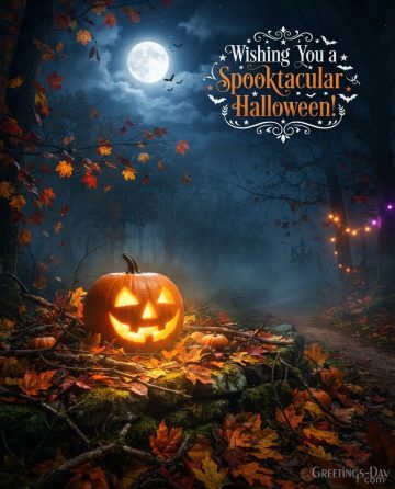 Wishing You a Spooktacular Halloween! | Pumpkin & Autumn Leaves Image