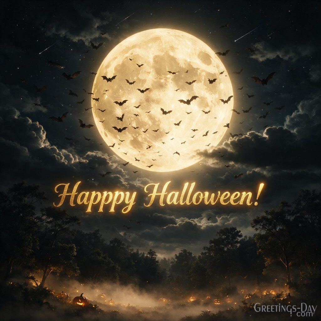 Spooky Halloween image featuring giant full moon, flying bats, glowing pumpkins, and mysterious autumn night