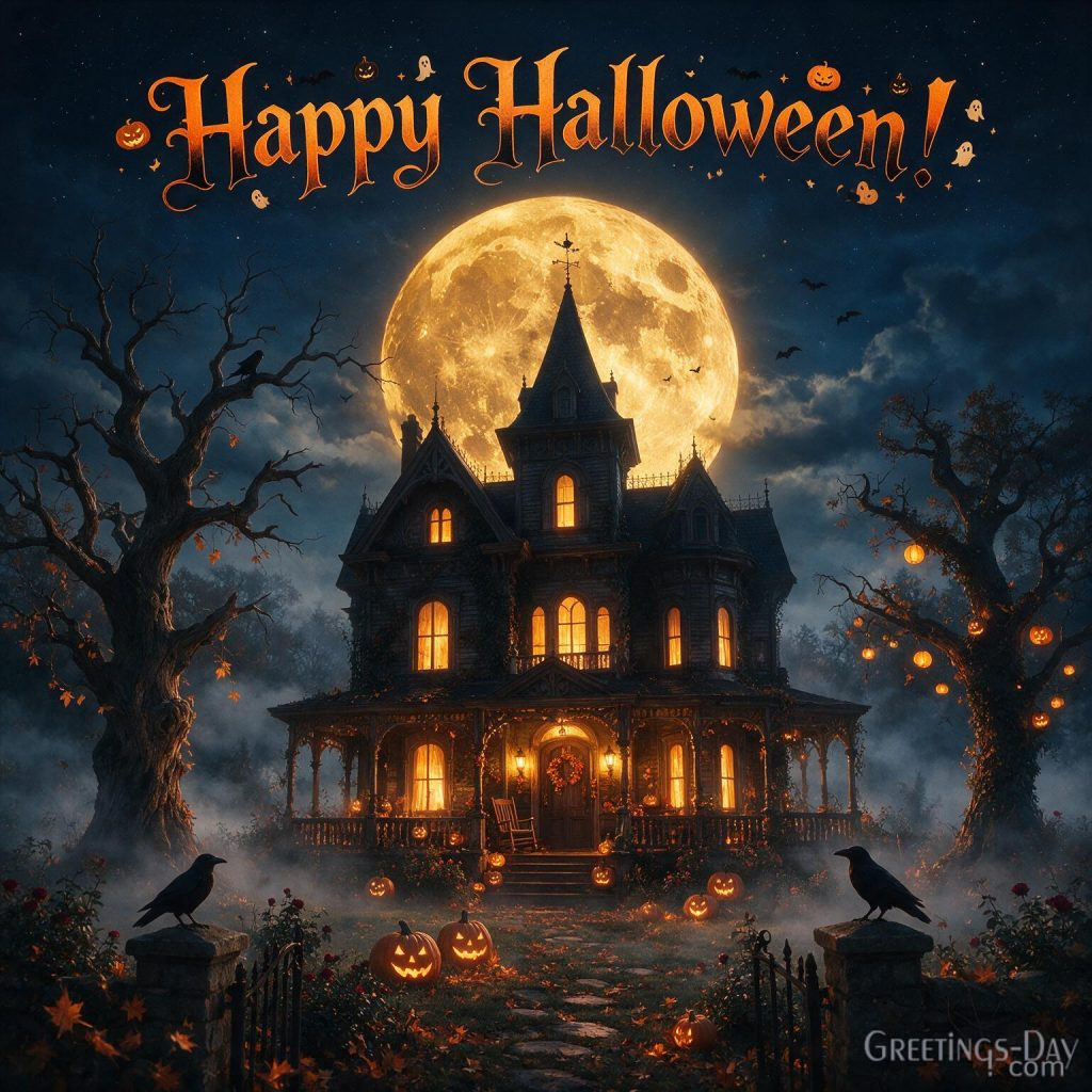 Spooky Halloween image featuring haunted Victorian house, full moon, bats, fog, and mysterious Halloween night