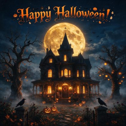 Spooky Halloween image featuring haunted Victorian house, full moon, bats, fog, and mysterious Halloween night