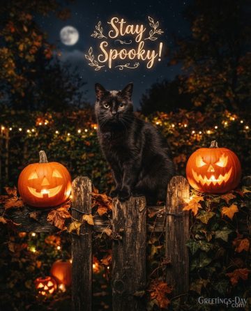 Stay Spooky! | Black Cat & Jack-o’-Lantern Halloween Image