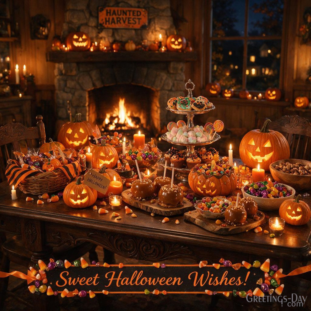 Sweet Halloween image with delicious treats, glowing pumpkins, candy buckets, and festive fall decorations