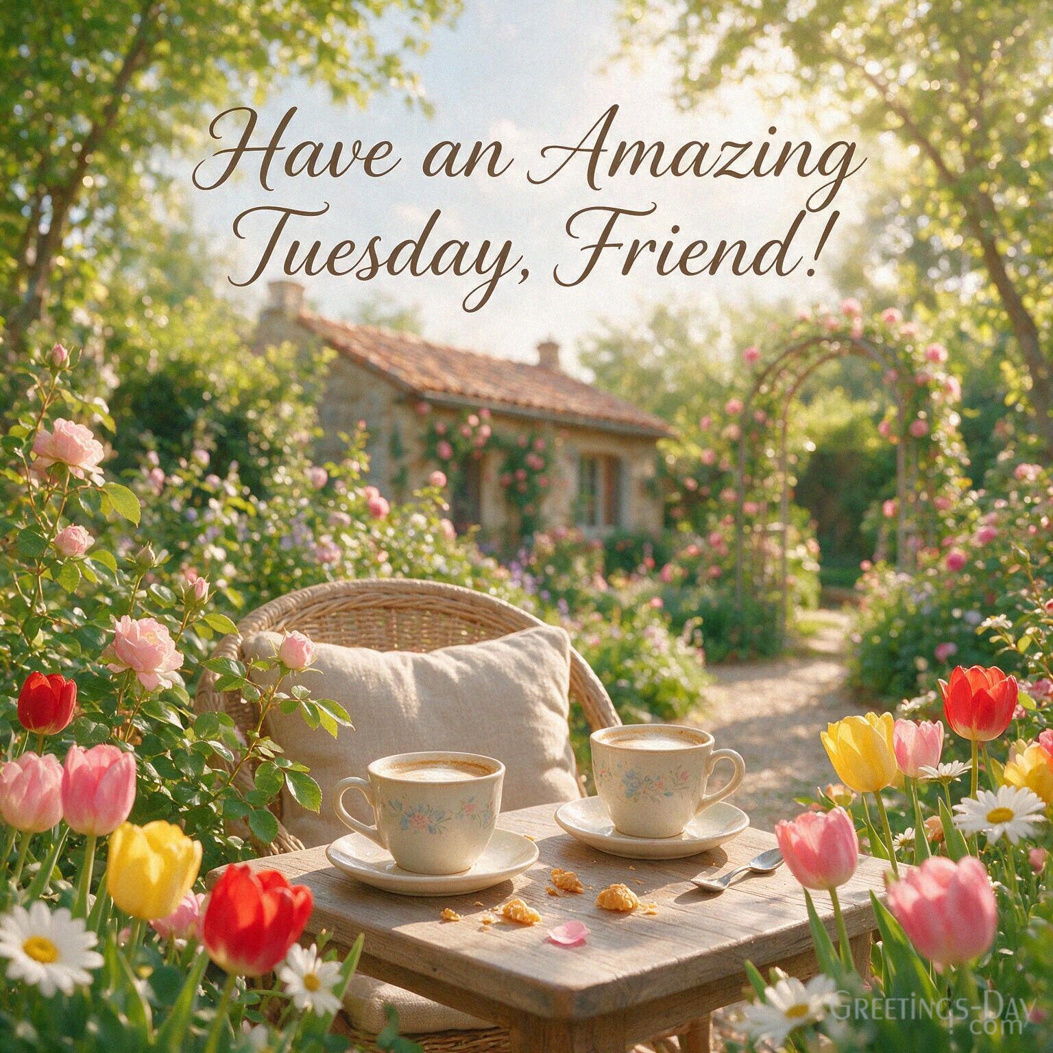 Happy Tuesday friend image with two coffee cups and fresh flowers featuring the warm wish “Have an Amazing Tuesday