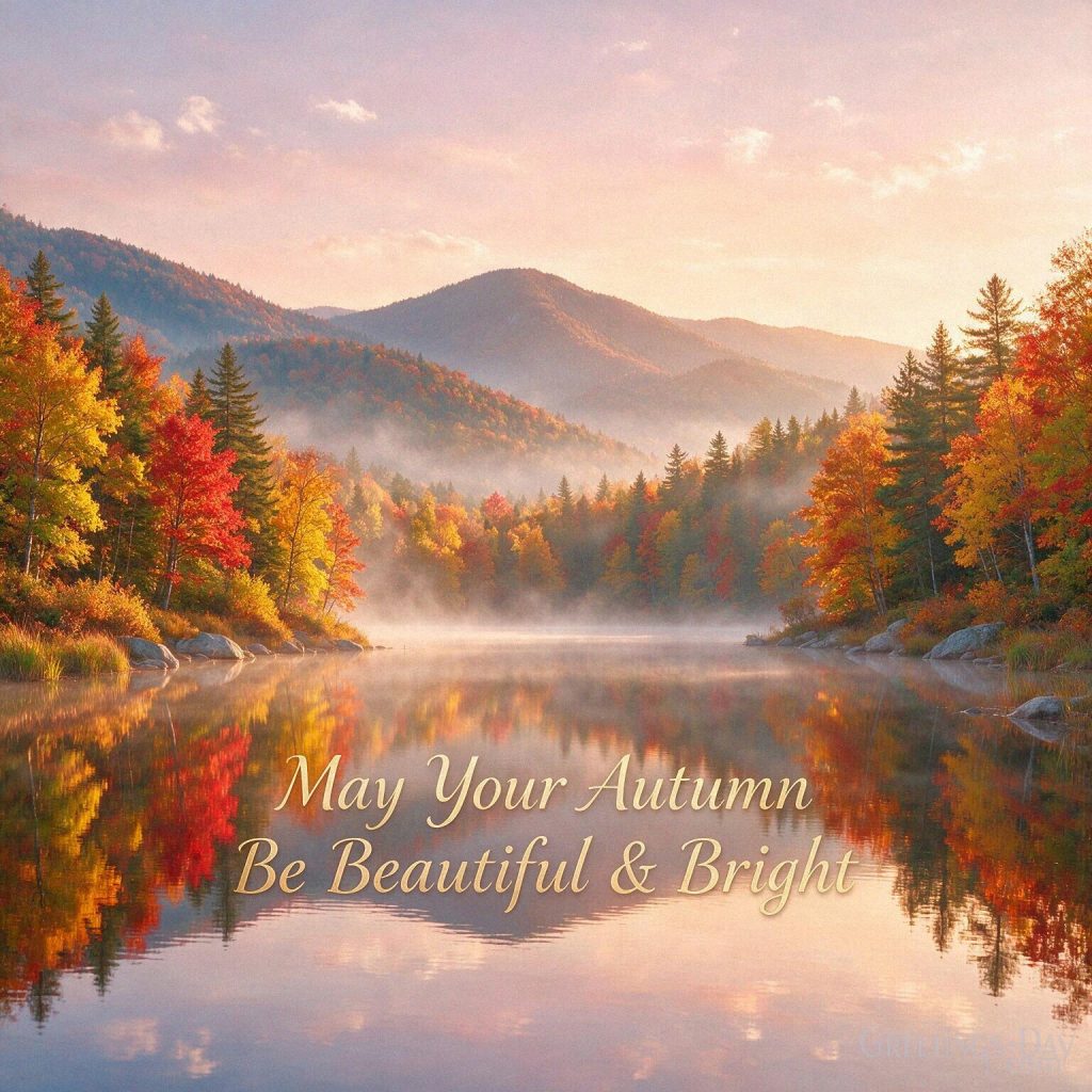 Beautiful autumn greeting with vibrant fall colors and a peaceful lake featuring “May Your Autumn Be Beautiful & Bright.” with the text 