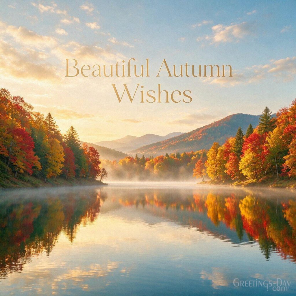 Beautiful Autumn Wishes image with colorful fall trees reflected in a peaceful mountain lake at sunrise. with the text 