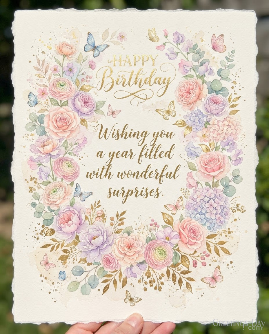 Artistic Birthday image with pastel flowers and gold accents displaying "Beautiful Birthday Wishes. Wishing you a year filled with wonderful surprises."