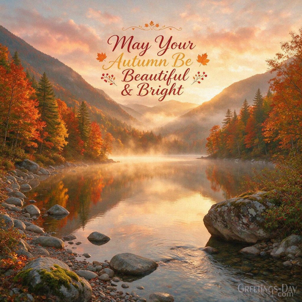 Beautiful autumn wishes image with a misty lake