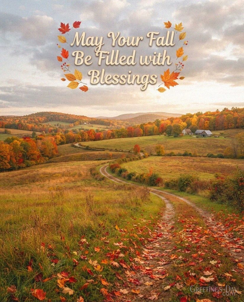 Beautiful fall blessings image with a peaceful golden countryside and the message “May Your Fall Be Filled with Blessings.” with the text
