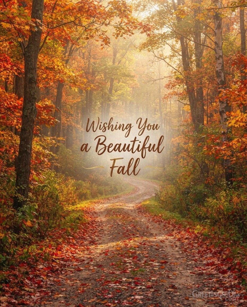 Beautiful fall greeting with vibrant red and golden autumn leaves and the warm message “Wishing You a Beautiful Fall.” with the text 