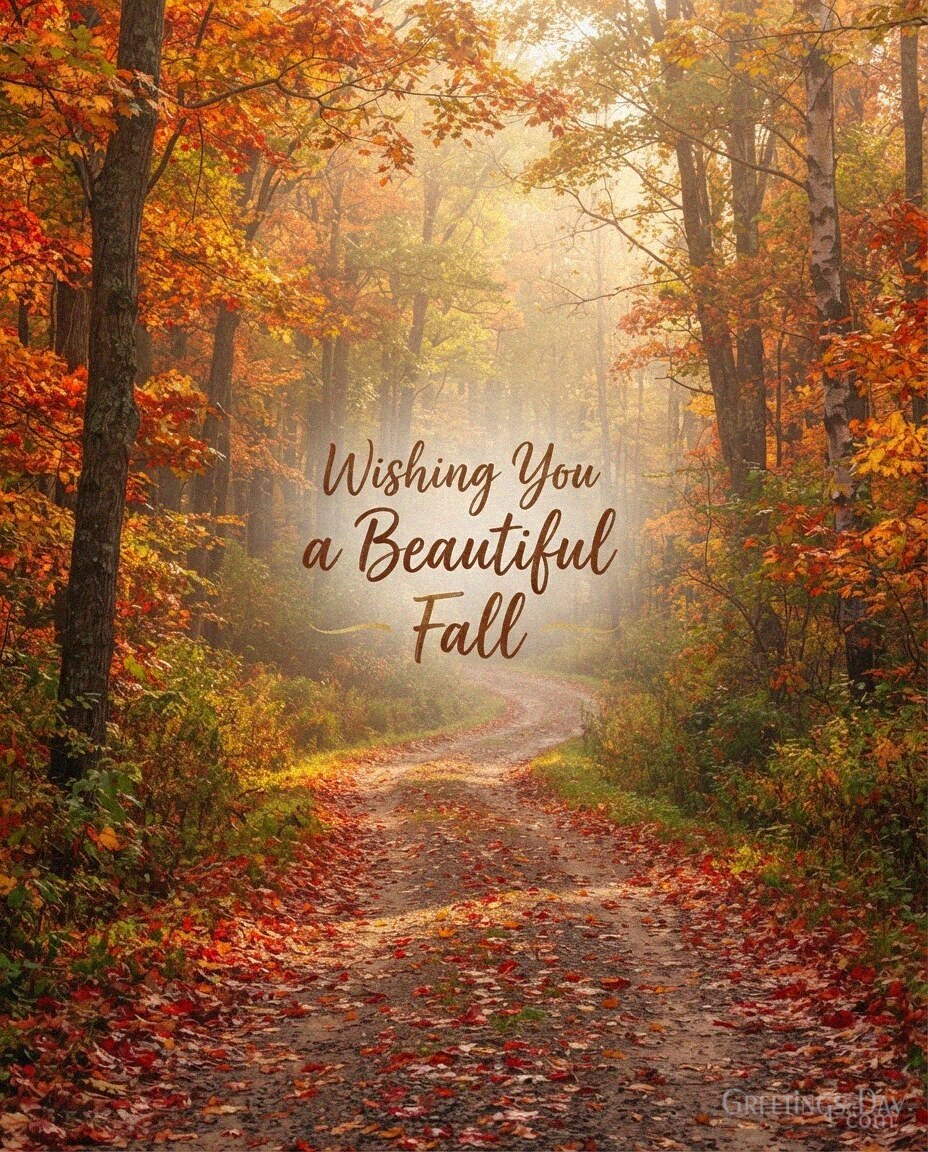 Beautiful fall greeting with vibrant red and golden autumn leaves and the warm message “Wishing You a Beautiful Fall.” with the text "Wishing You a Beautiful Fall"
