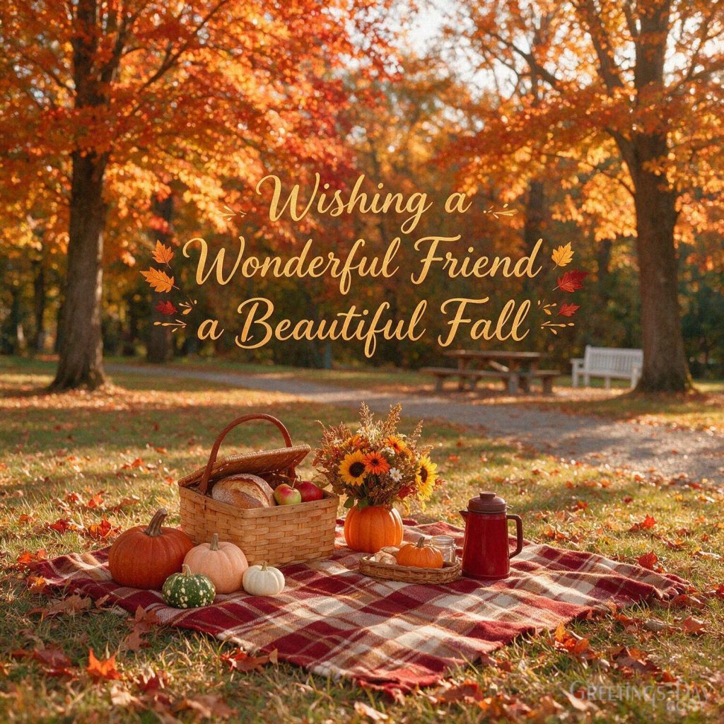 Beautiful fall greeting for a wonderful friend with pumpkins and golden leaves featuring a heartfelt autumn message. with the text 