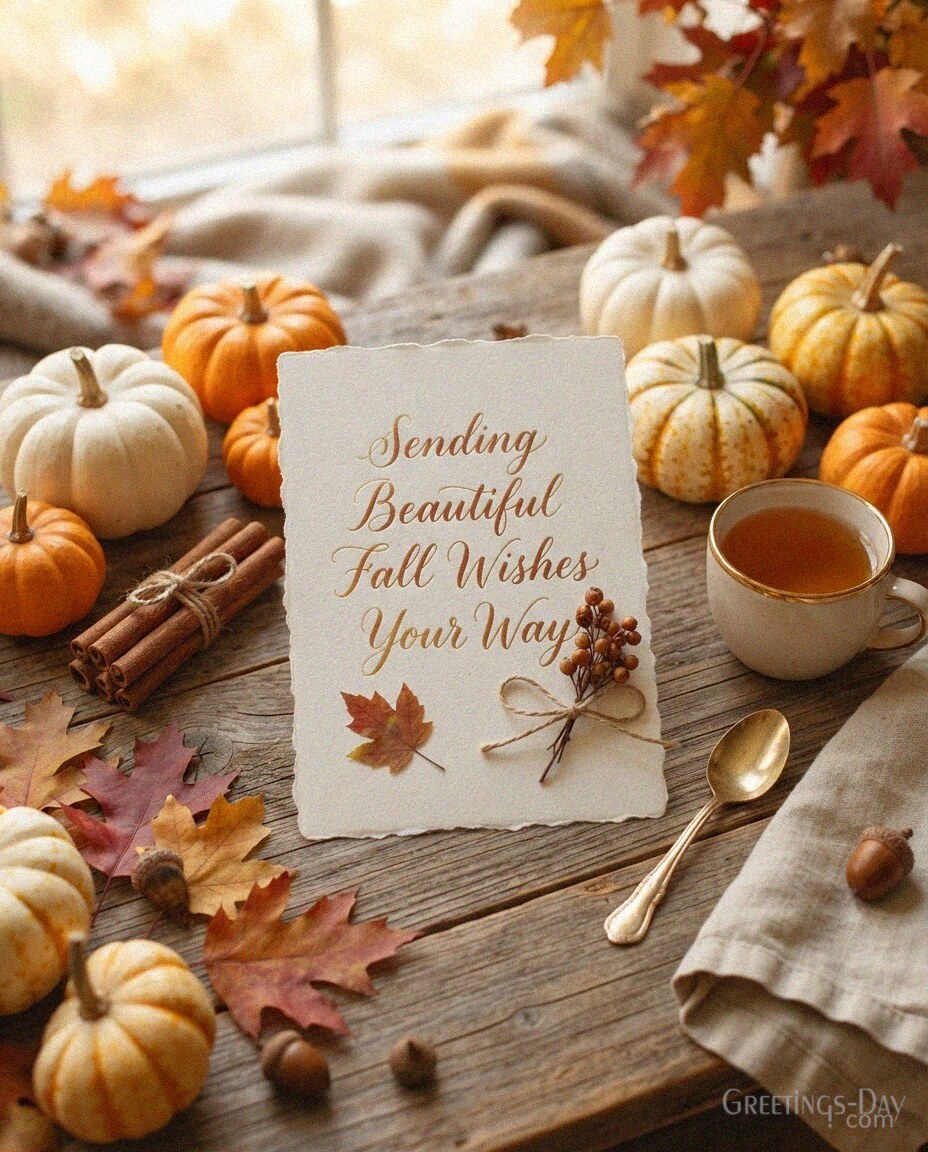 Beautiful fall wishes greeting with pumpkins and maple leaves featuring “Sending Beautiful Fall Wishes Your Way.” with the text "Sending Beautiful Fall Wishes Your Way"