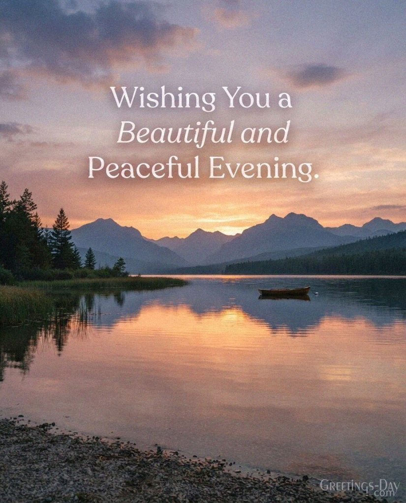 Beautiful Good Evening image of a golden sunset reflected on a calm lake with the wish “Wishing You a Beautiful and Peaceful Evening.” with the text