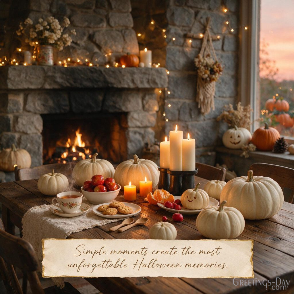 Beautiful Halloween sayings image with elegant fall decorations, white pumpkins, and warm autumn inspiration