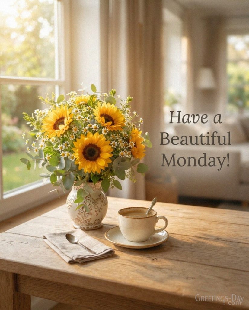 Beautiful Monday image with yellow sunflowers