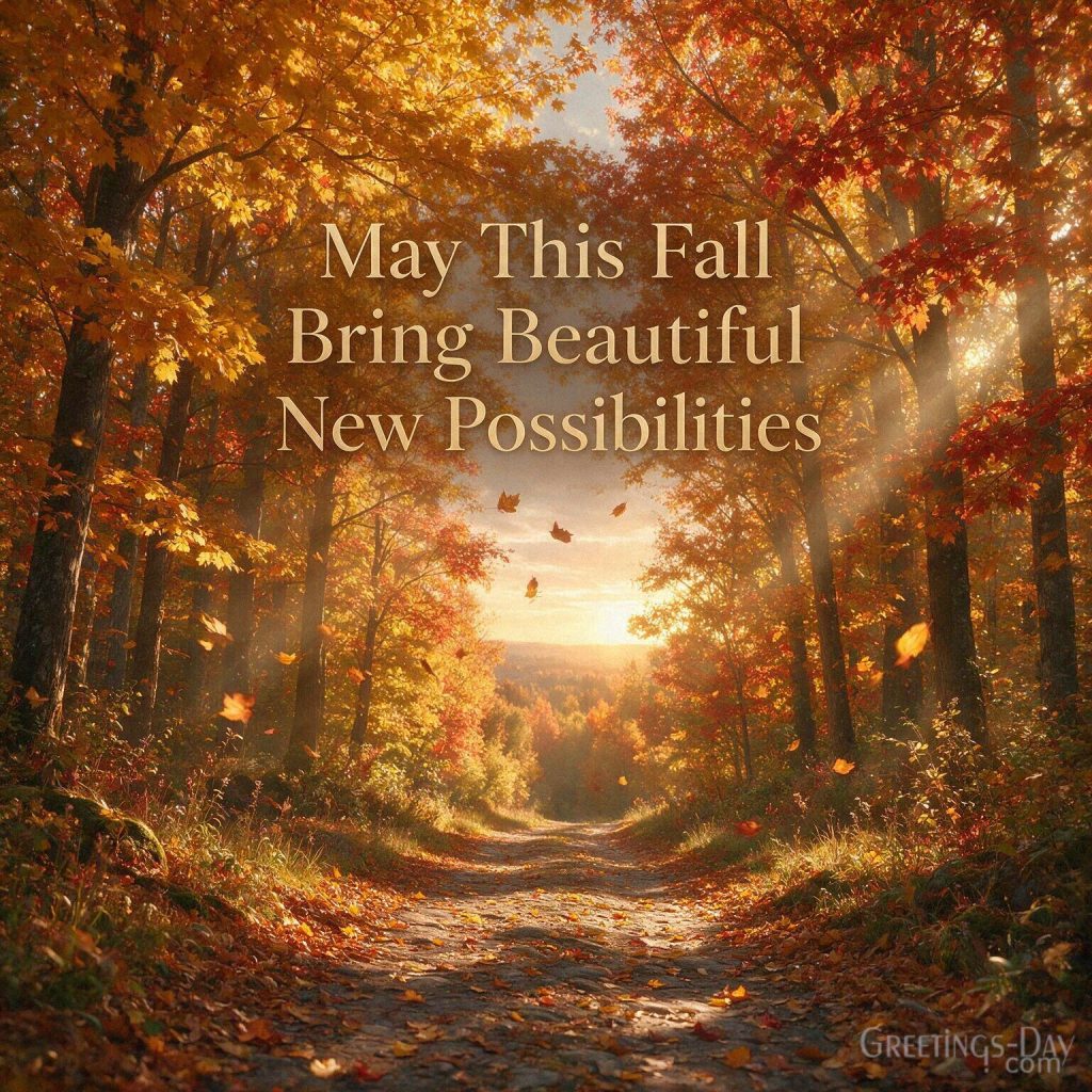 Positive fall wishes image with colorful autumn trees and a glowing path featuring “May This Fall Bring Beautiful New Possibilities.” with the text 