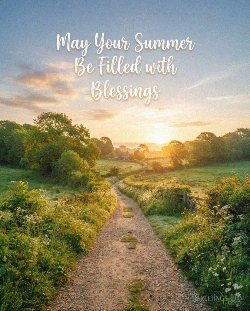 Beautiful summer blessings image with a peaceful countryside sunrise featuring “May Your Summer Be Filled with Blessings.” with the text 
