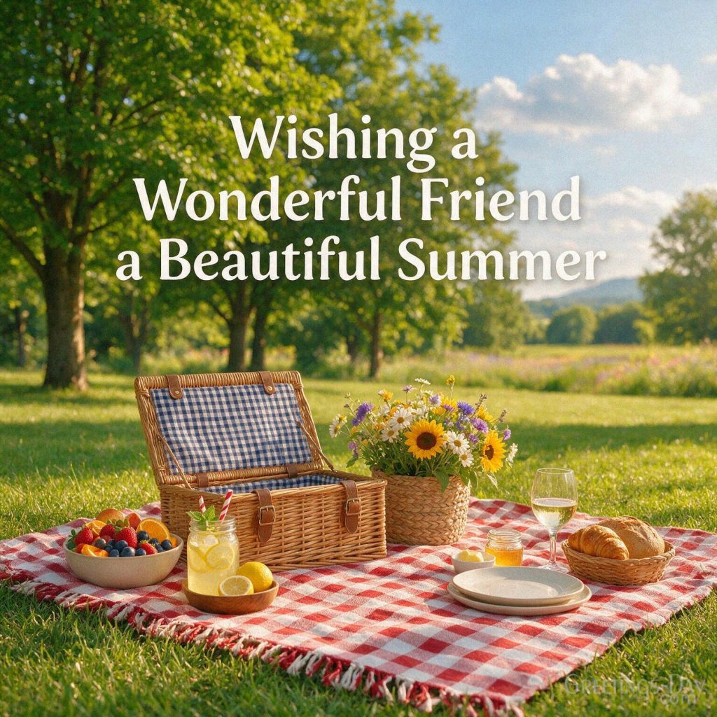 Beautiful summer greeting for a wonderful friend with a sunny picnic scene and the message “Wishing a Wonderful Friend a Beautiful Summer.” with the text 