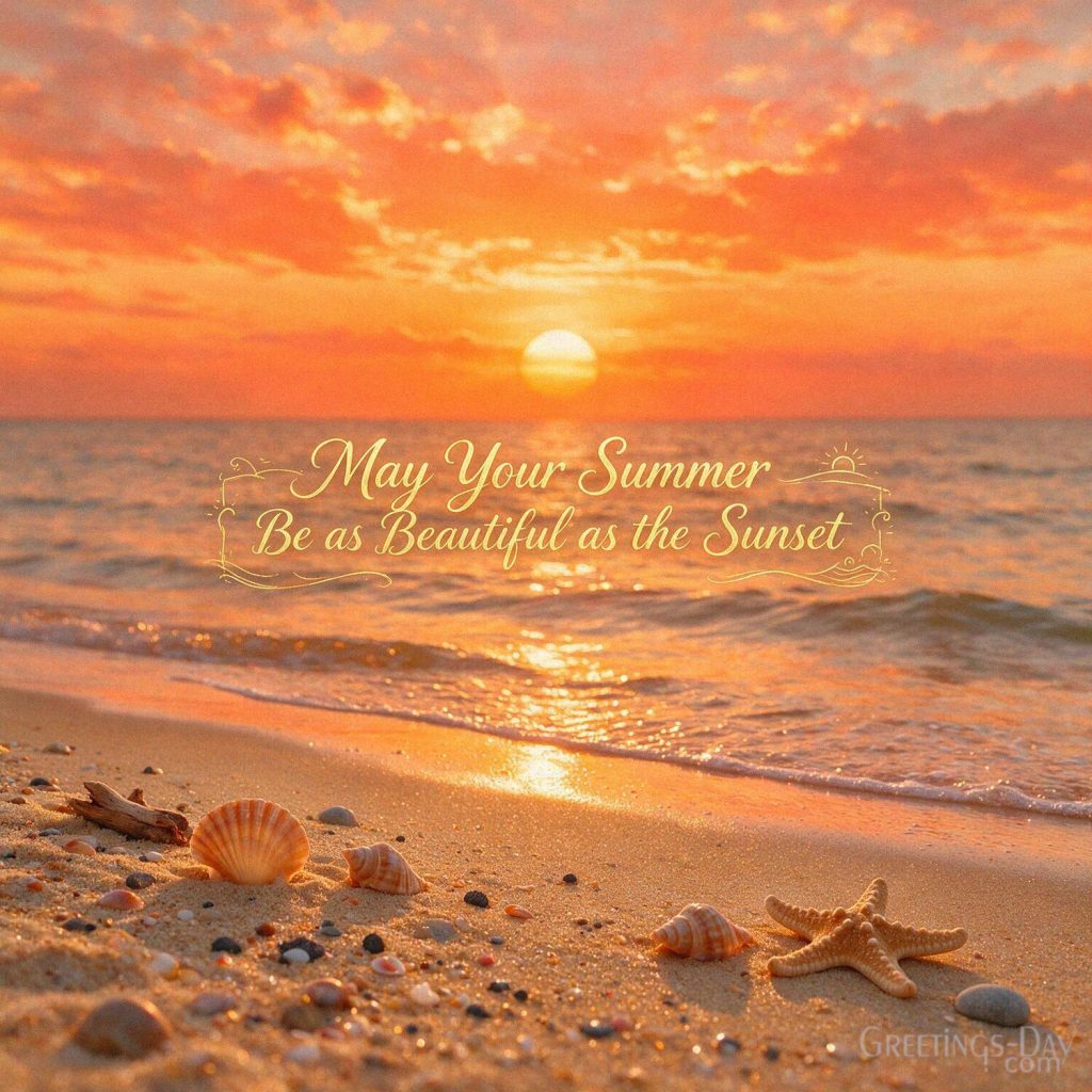 Summer beach greeting with a colorful ocean sunset and the message “May Your Summer Be as Beautiful as the Sunset.” with the text 