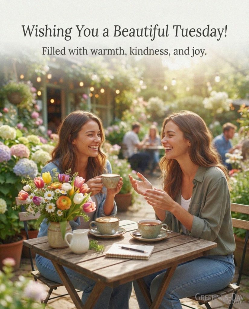 Beautiful Tuesday greeting for a friend with morning coffee and colorful garden flowers featuring “Wishing You a Beautiful Tuesday!” with the text