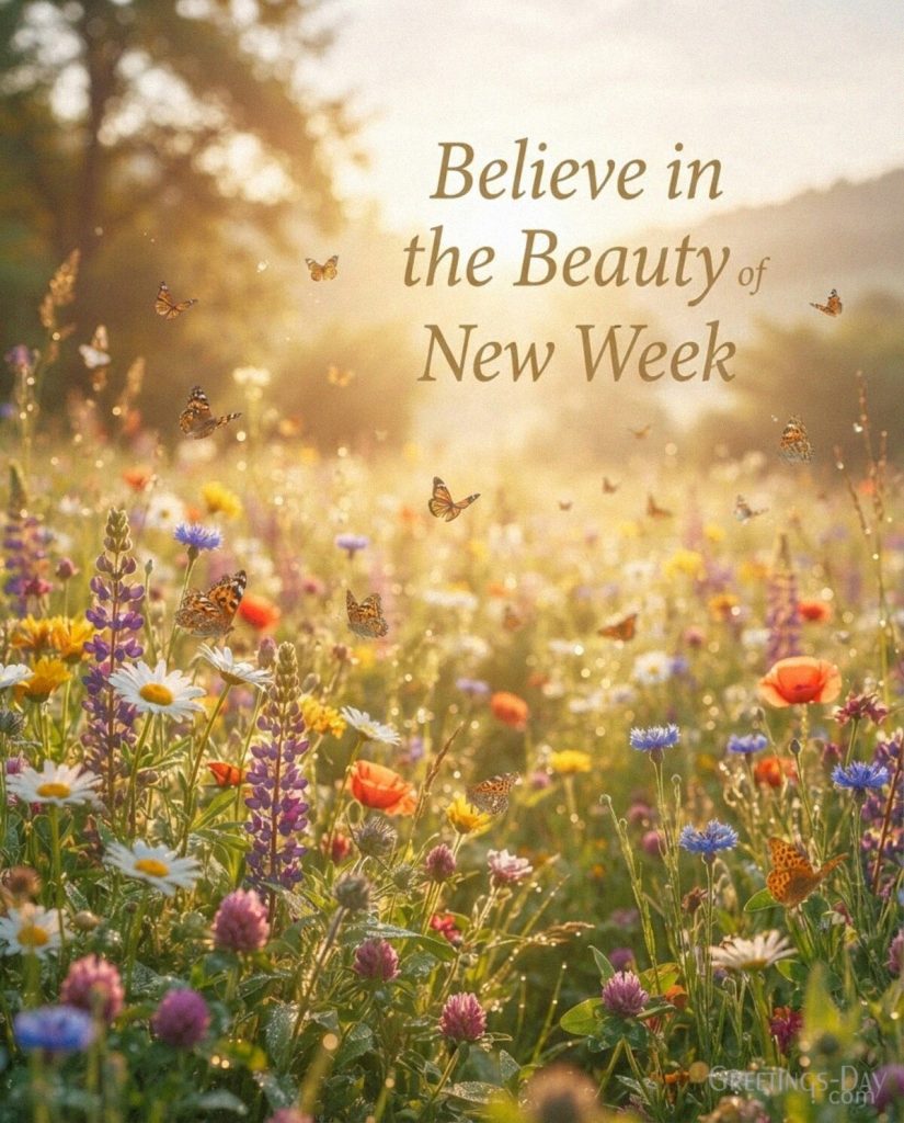 Inspirational Monday greeting with butterflies flying over a sunlit wildflower meadow and the message “Believe in the Beauty of a New Week.” with the text