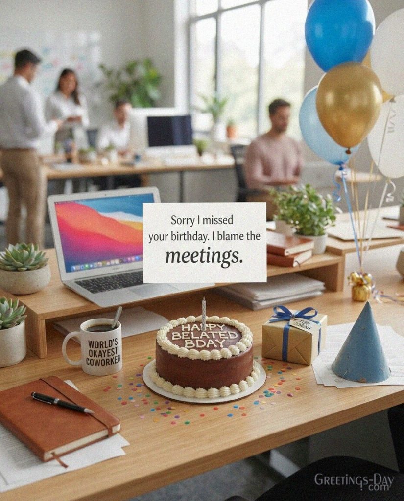 Belated Birthday Wishes for coworker image featuring “Sorry I missed your birthday. I blame the meetings.” with the text
