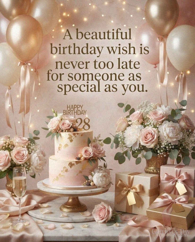 Belated Birthday Wishes for her image featuring “Happy Belated Birthday! May your year be as beautiful and wonderful as you are.” with the text 