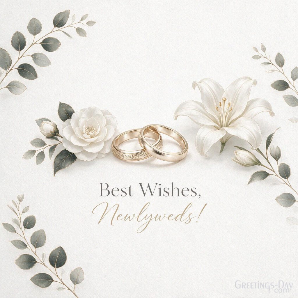 Modern wedding card for newlyweds with elegant gold details featuring “Best Wishes