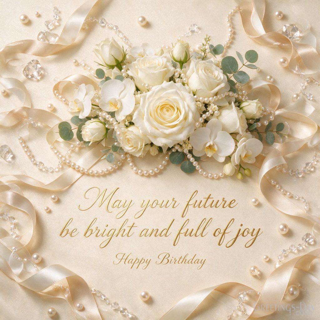Premium Birthday picture with elegant white flowers and crystal accents saying 