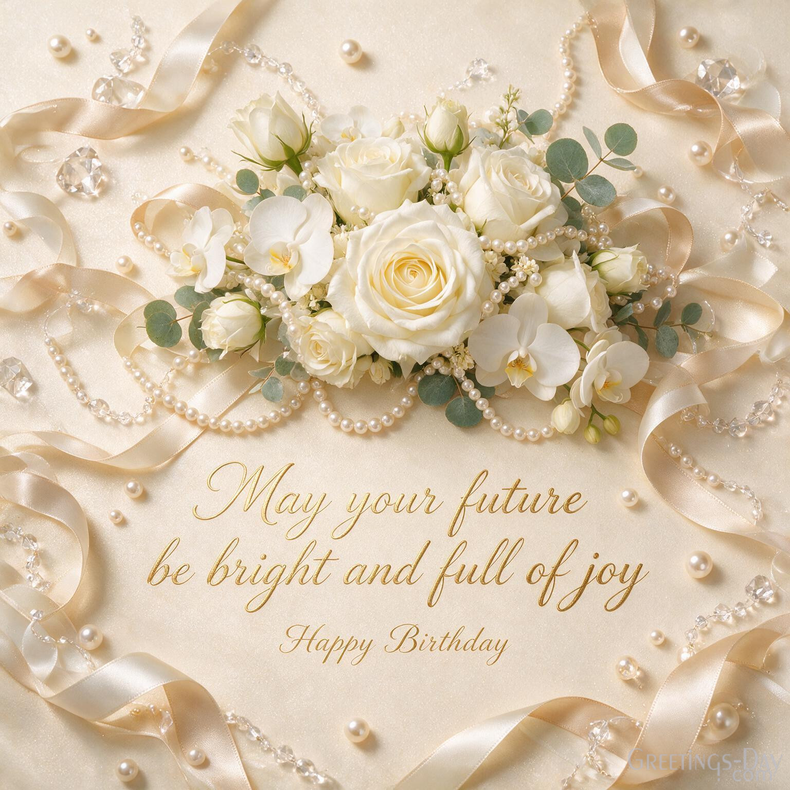 Premium Birthday picture with elegant white flowers and crystal accents saying "Best Wishes. May your future be bright and full of joy."
