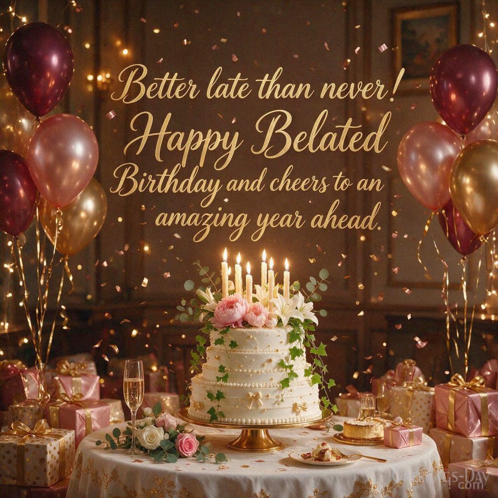 Better Late Than Never Birthday Wishes image featuring “Better late than never! Happy Belated Birthday and cheers to an amazing year ahead.” with the text 