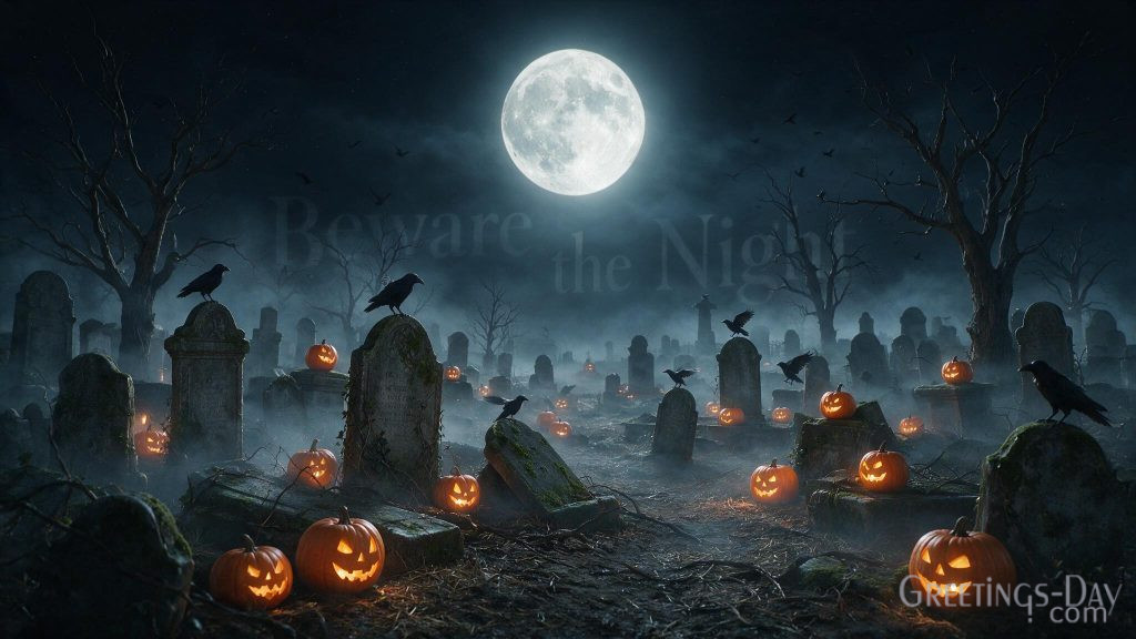 Beware the Night Halloween wallpaper with haunted cemetery and dramatic moonlight