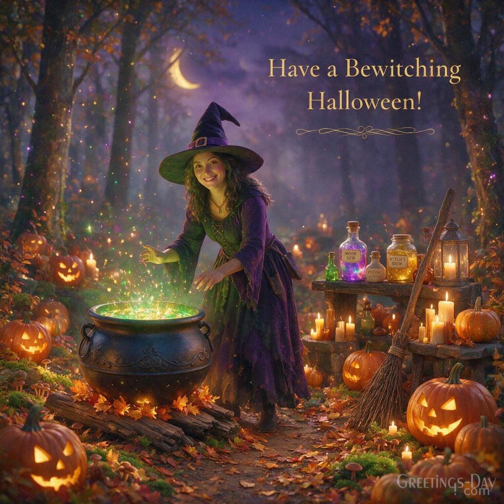 Bewitching Halloween card with a friendly witch