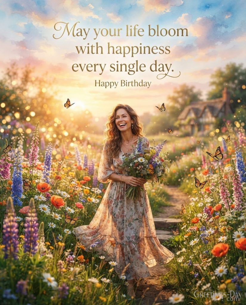 Inspirational Birthday image with colorful spring flowers and golden sunset displaying 
