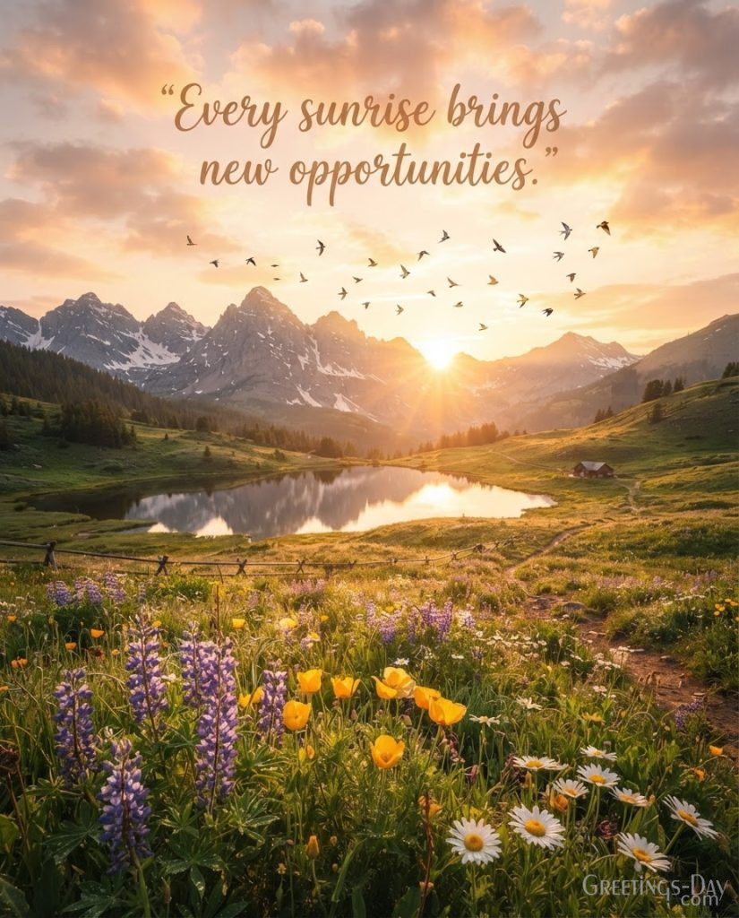 Beautiful Birthday blessings image with sunrise landscape displaying 