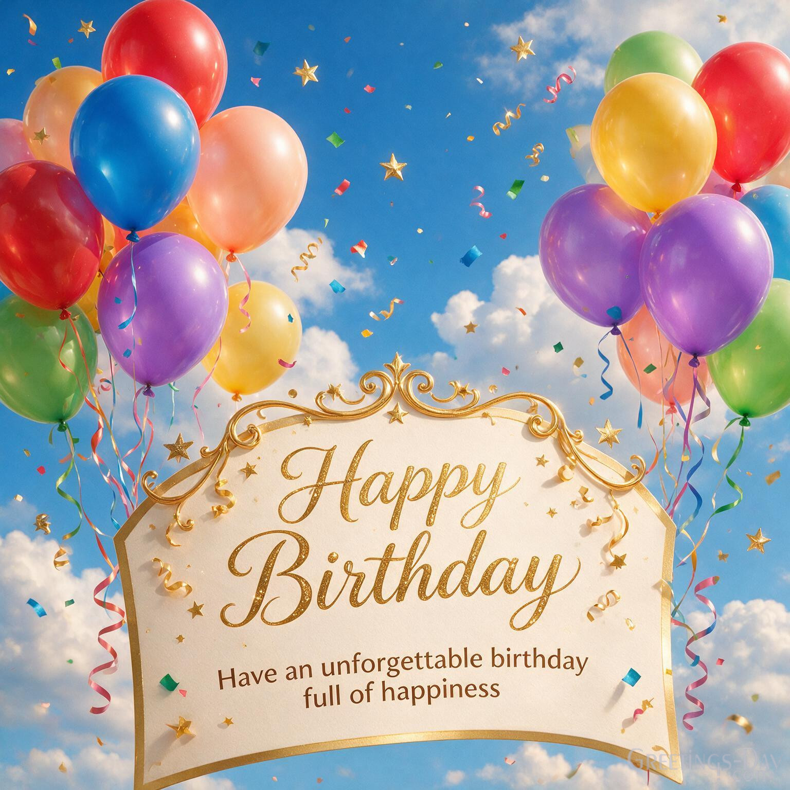 Cheerful Birthday greeting image with balloons and party decorations saying "Birthday Greetings. Have an unforgettable birthday full of happiness."