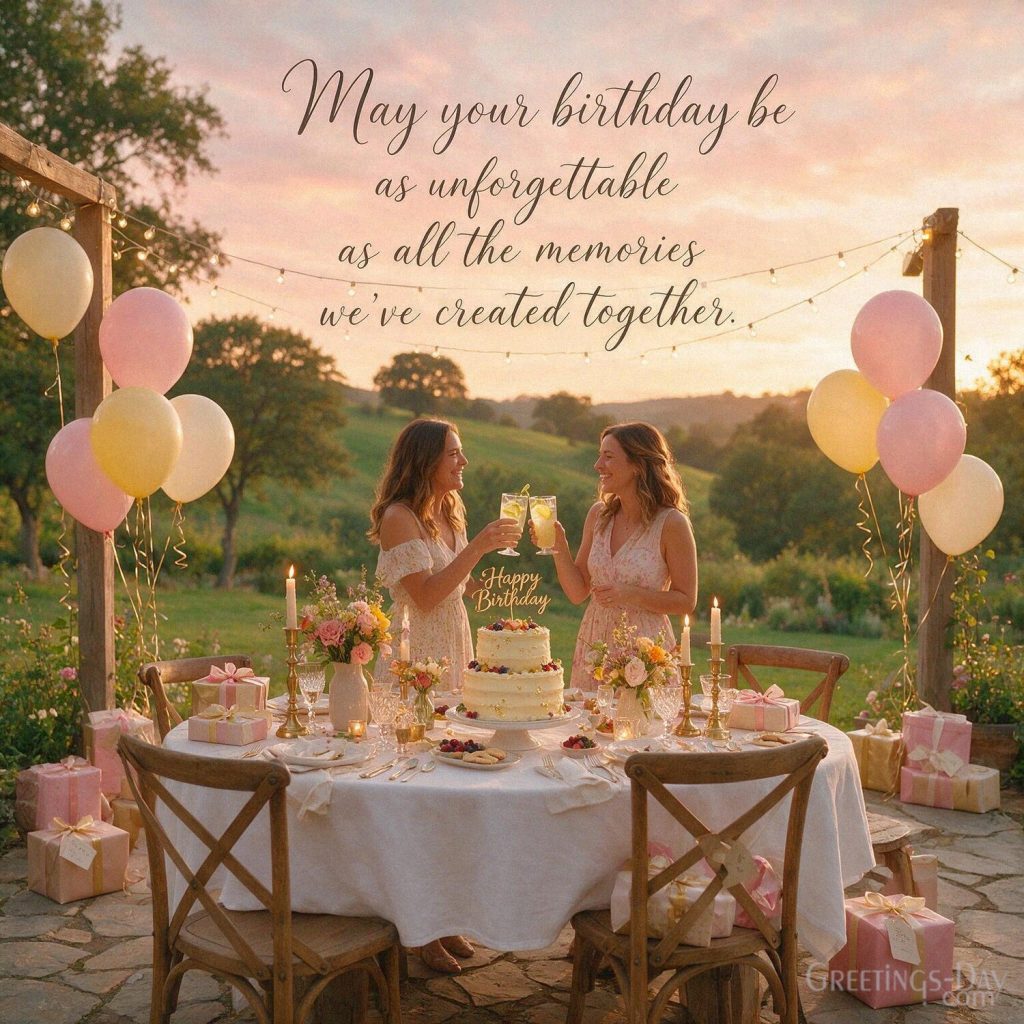 Heartfelt Birthday Quote for a friend with warm birthday celebration featuring “May your birthday be as unforgettable as all the memories we've created together.” with the text 
