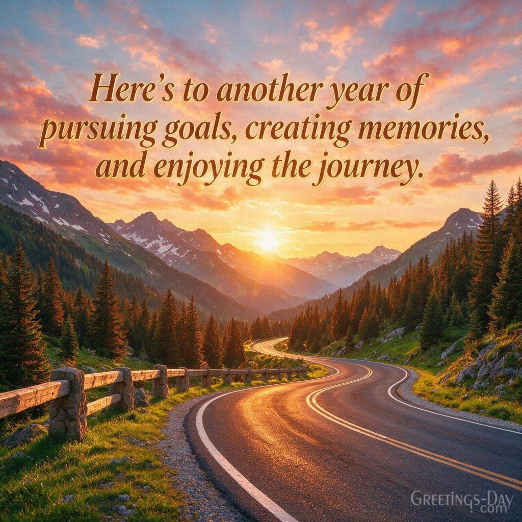 Meaningful Birthday Quote for him with mountain road and golden light featuring “Here's to another year of pursuing goals