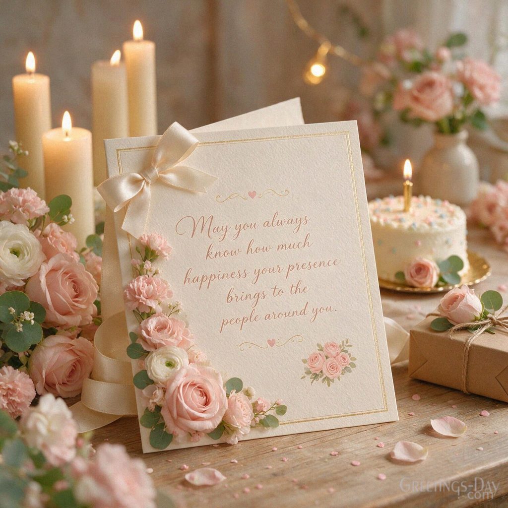 Beautiful Birthday Quote from the heart with flowers and soft candlelight featuring “May you always know how much happiness your presence brings to the people around you.” with the