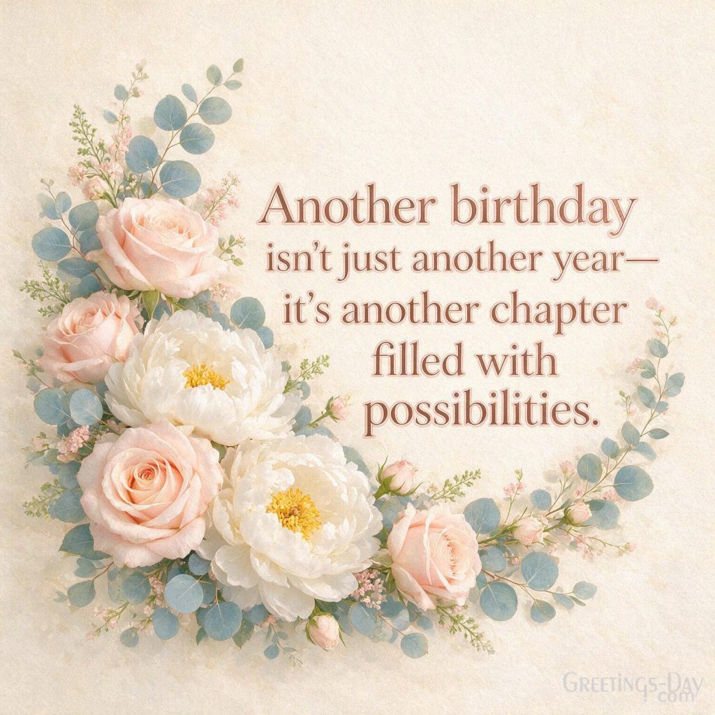 Beautiful Birthday Quote image with elegant flowers and butterflies featuring “Another birthday isn't just another year—it's another chapter filled with possibilities.” with the te