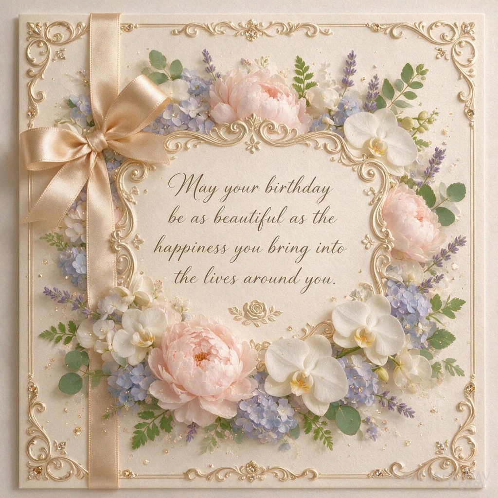 Beautiful Birthday Quotes for her image with pink roses and peonies featuring “May your birthday be as beautiful as the happiness you bring into the lives around you.” with the tex