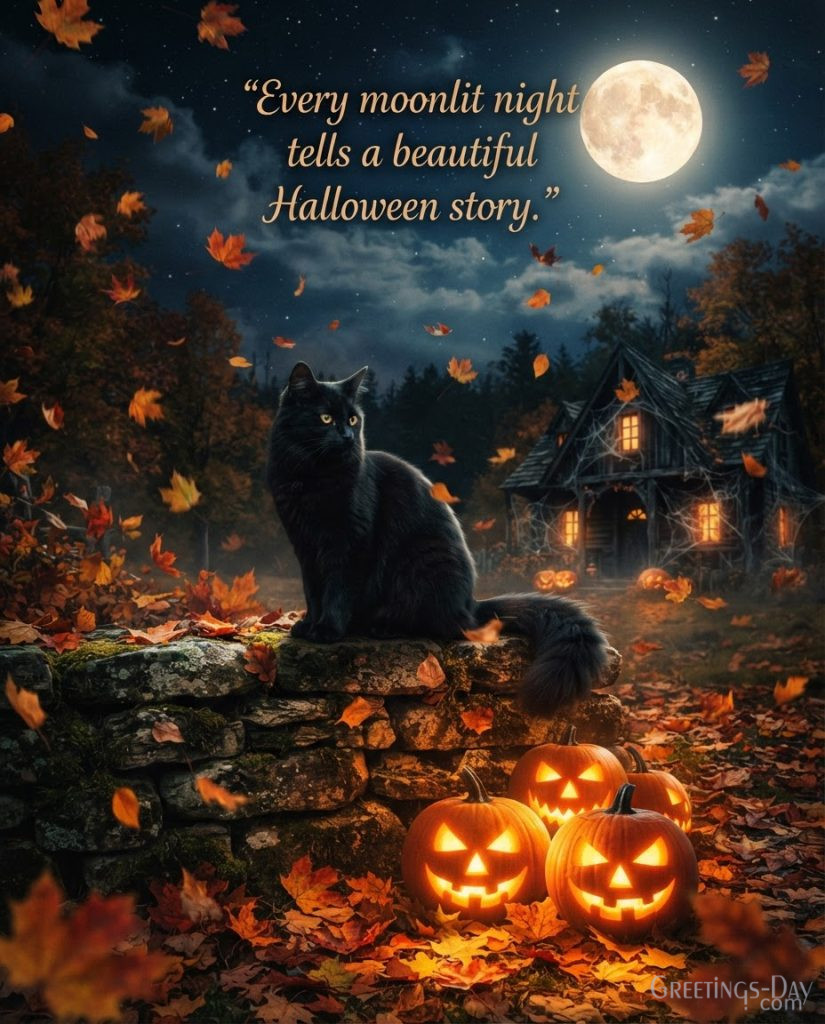 Inspirational Halloween quote picture featuring elegant black cat, autumn leaves, and jack-o'-lanterns